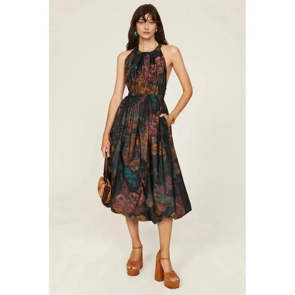 Ulla Johnson Leyna Gathered Printed Taffeta Midi Dress Floral Open Back Size 2